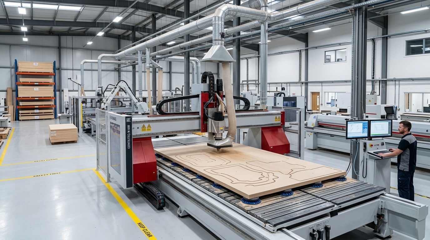 Chão de fábrica com maquinário CNC de alta precisão